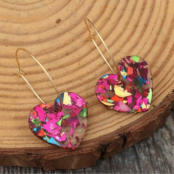 Colorful Glitter and Clear Heart Drop Earrings - Picture 1 of 3